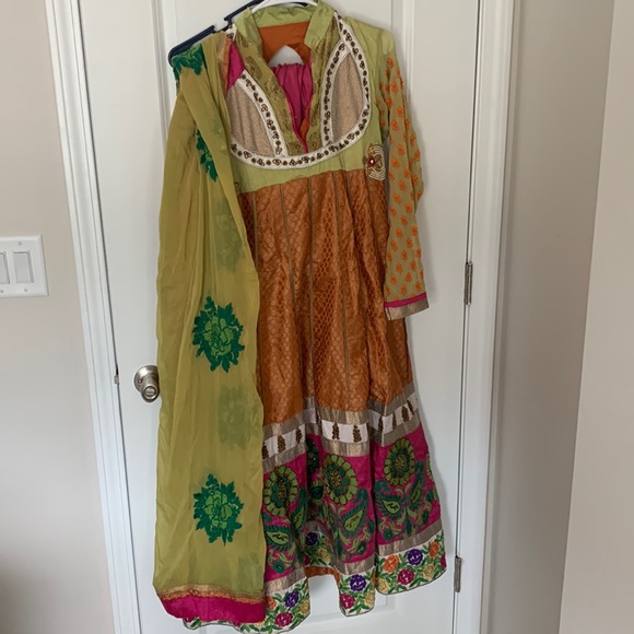 A green and orange anarkali with duptta and salwar - Picture 1 of 6